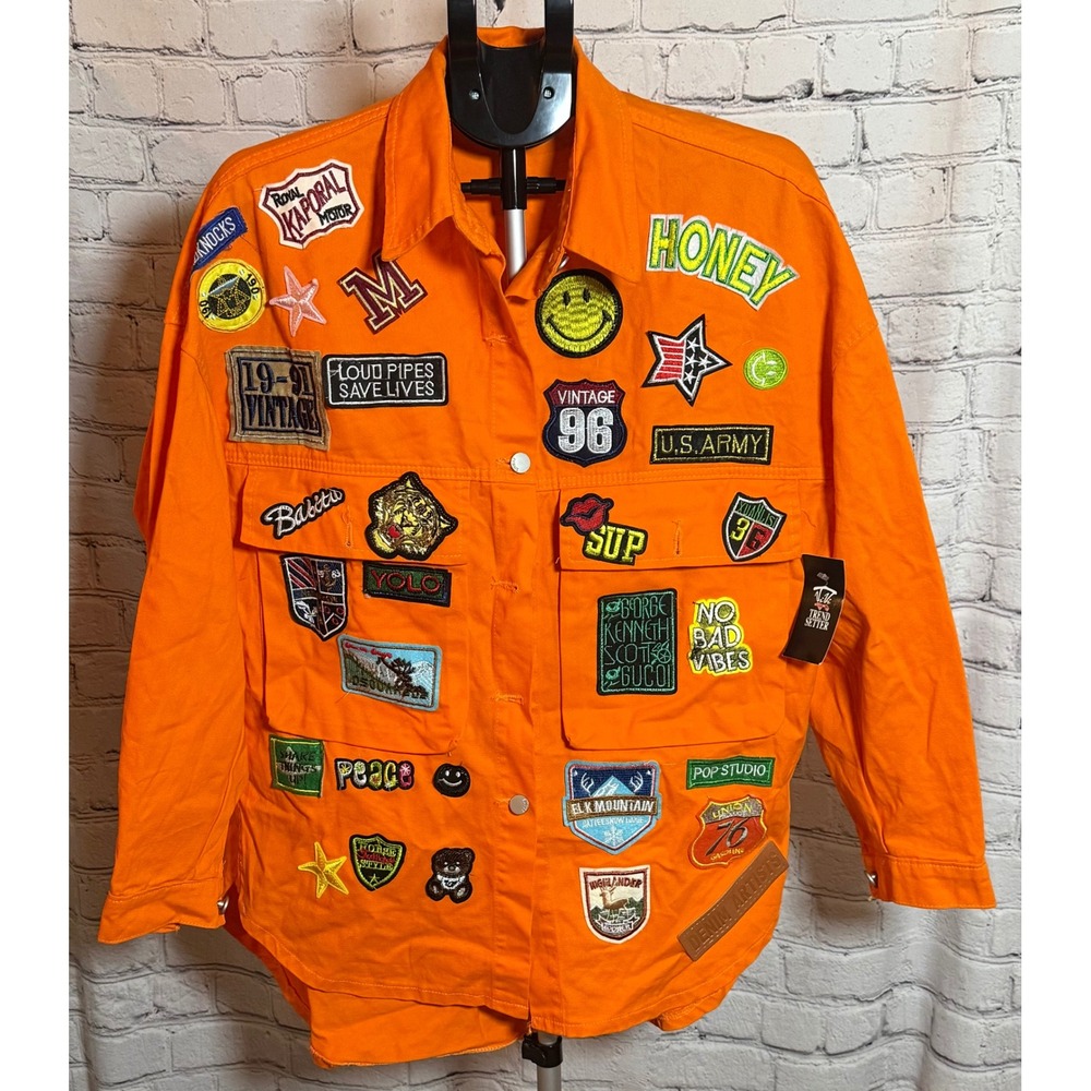 SALT Orange Multi Patch Button Up Shirt Jacket NJ7187 Mens Medium NEW